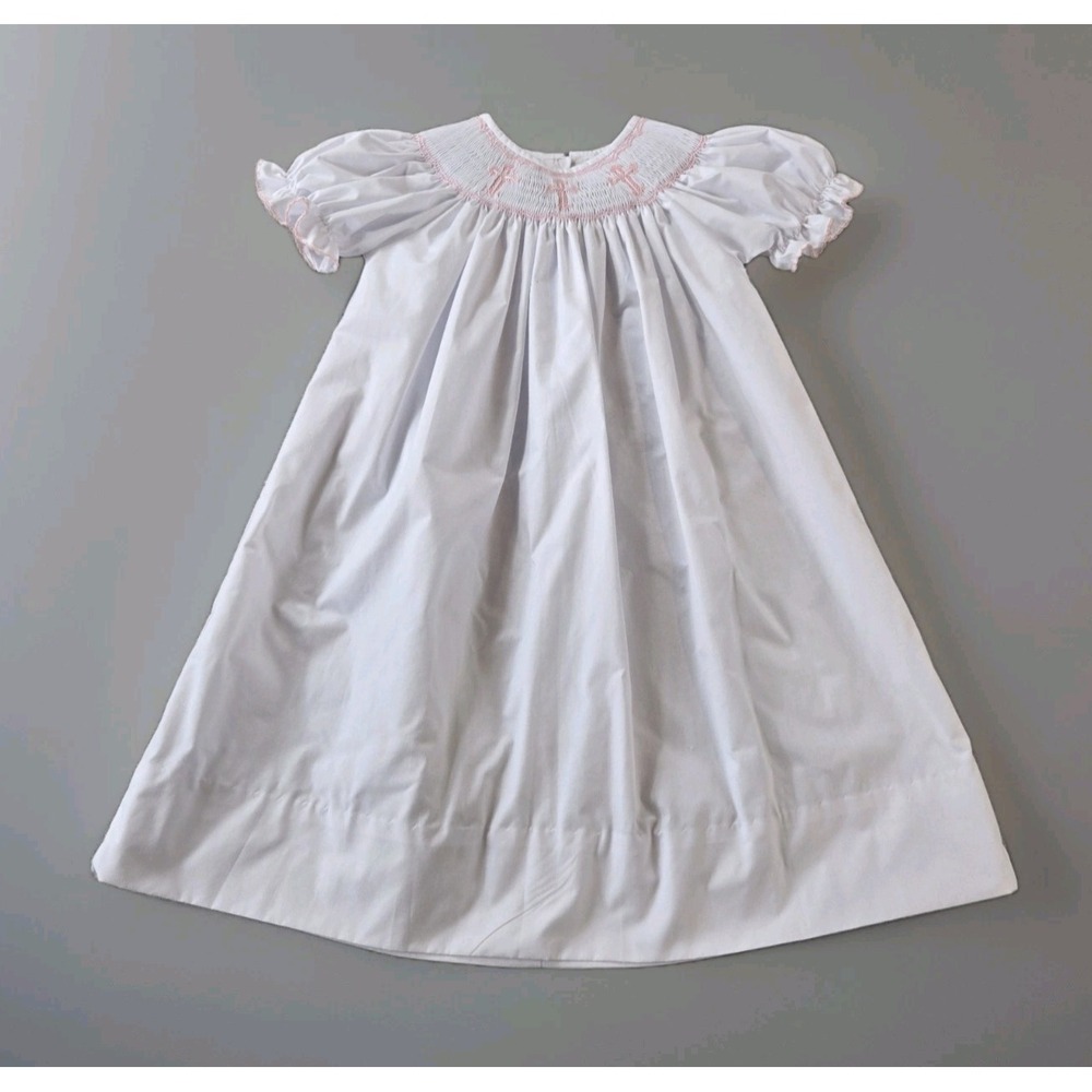 Le Za Me‎ Girl's Smocked Pink Trim Collar Bishop Dress Cross Easter Spring 3T